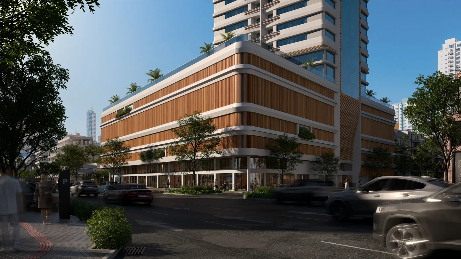 Fachada da torre residencial La Città vista em perspectiva