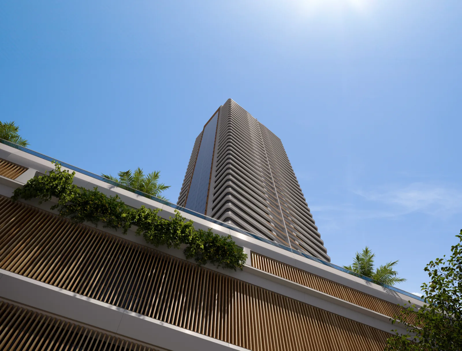 Fachada do edifício La Città com linhas verticais marcantes