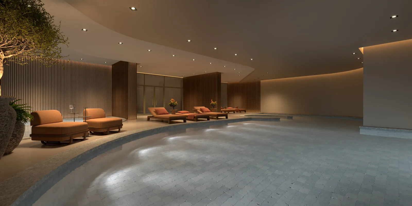 Piscina adulto aquecida com spa e curvas orgânicas