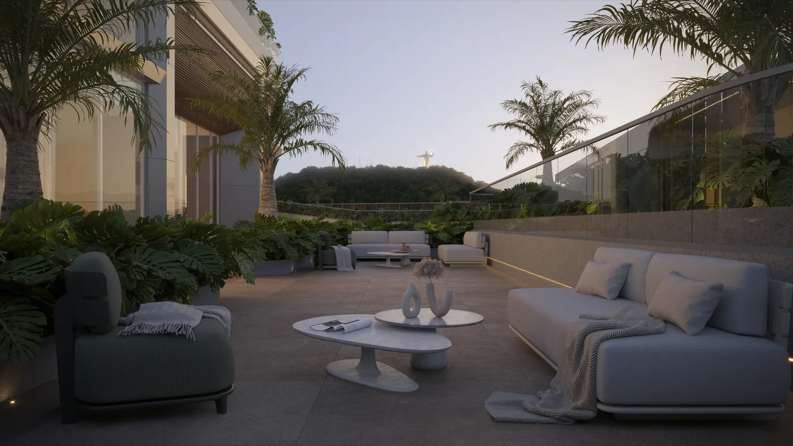 Lounge externo mobiliado com vegetação e acabamento em madeira