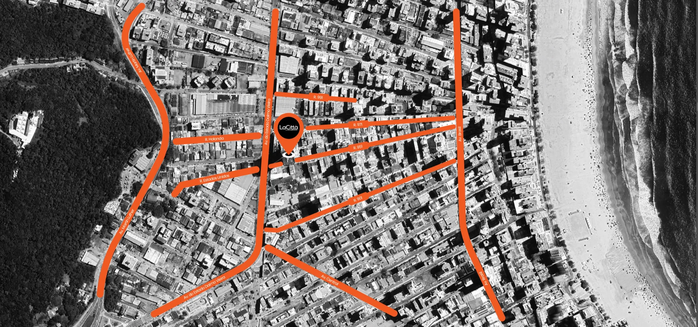 Mapa aéreo de Balneário Camboriú destacando a localização do La Città e as principais vias do entorno