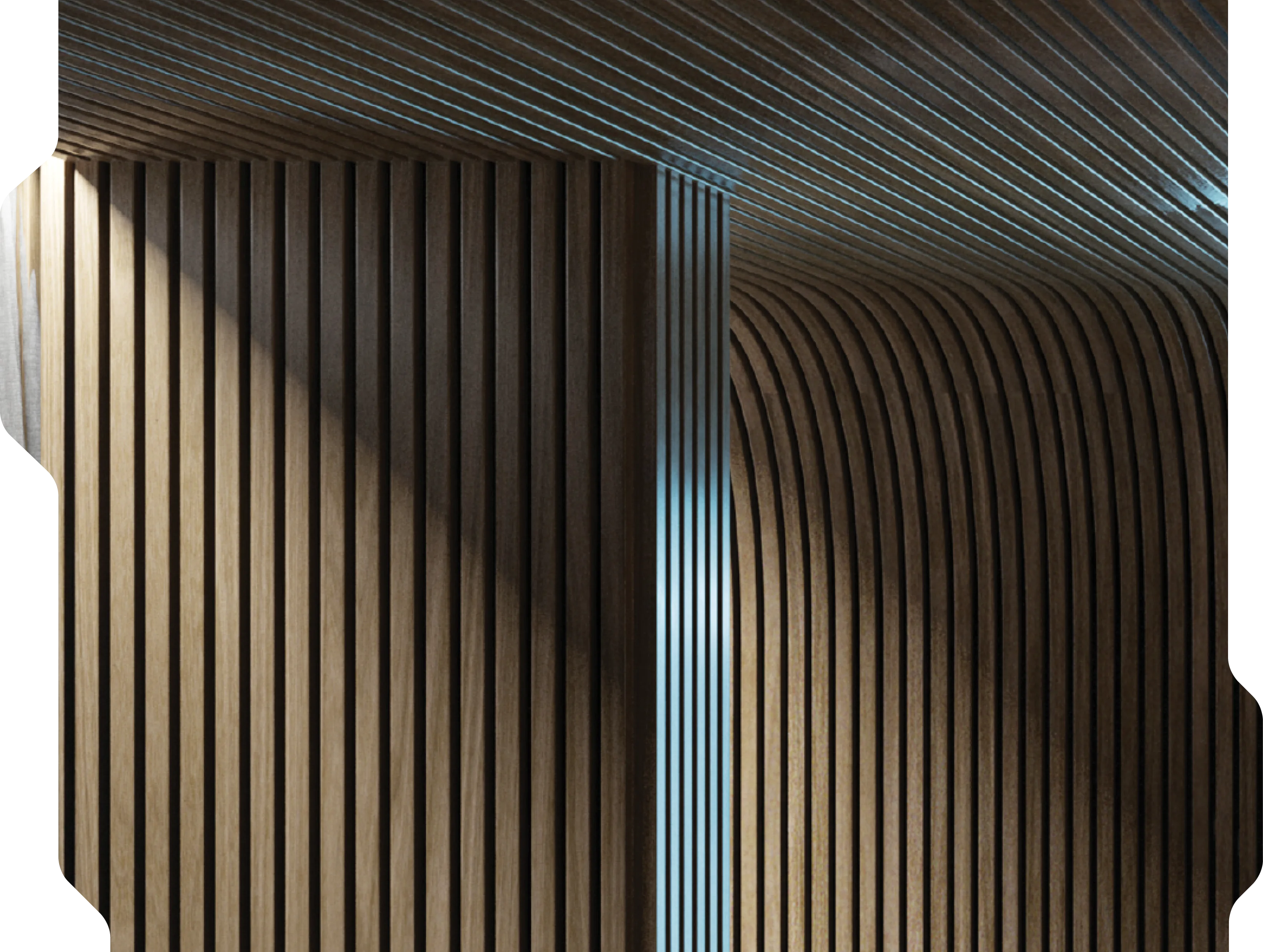 Interior arquitetonico com superficies curvas e iluminacao vertical