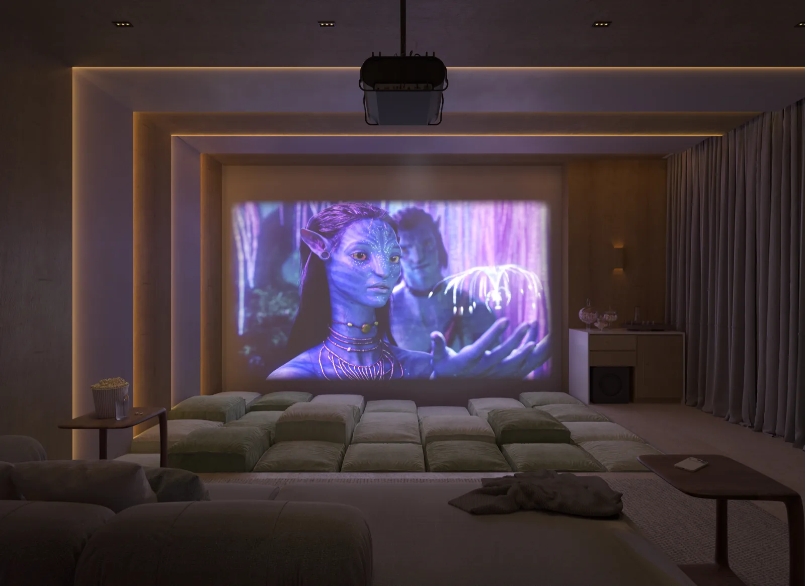 Cinema privativo com poltronas e iluminação cênica