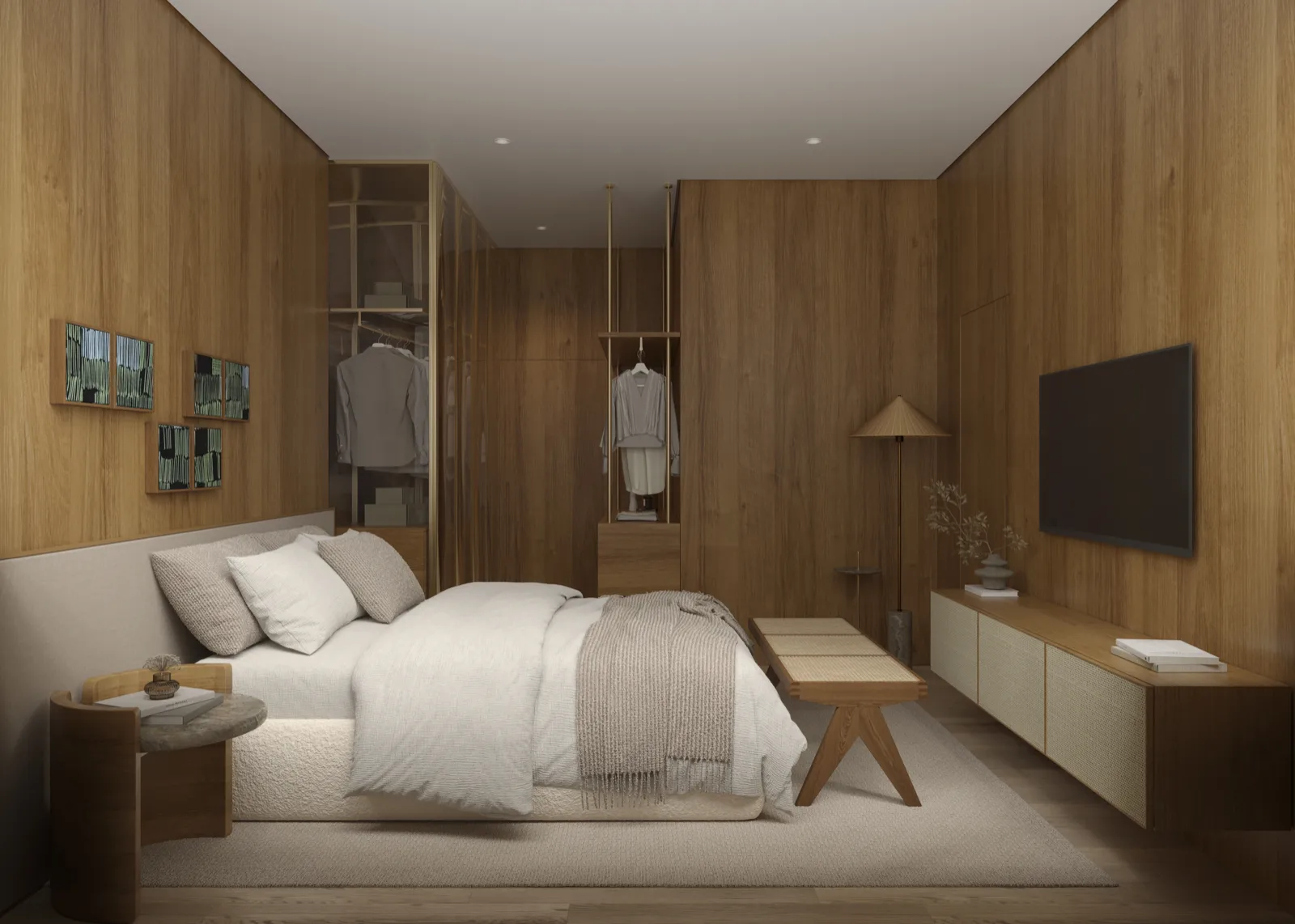 Suíte master com cama king size e cortinas do piso ao teto