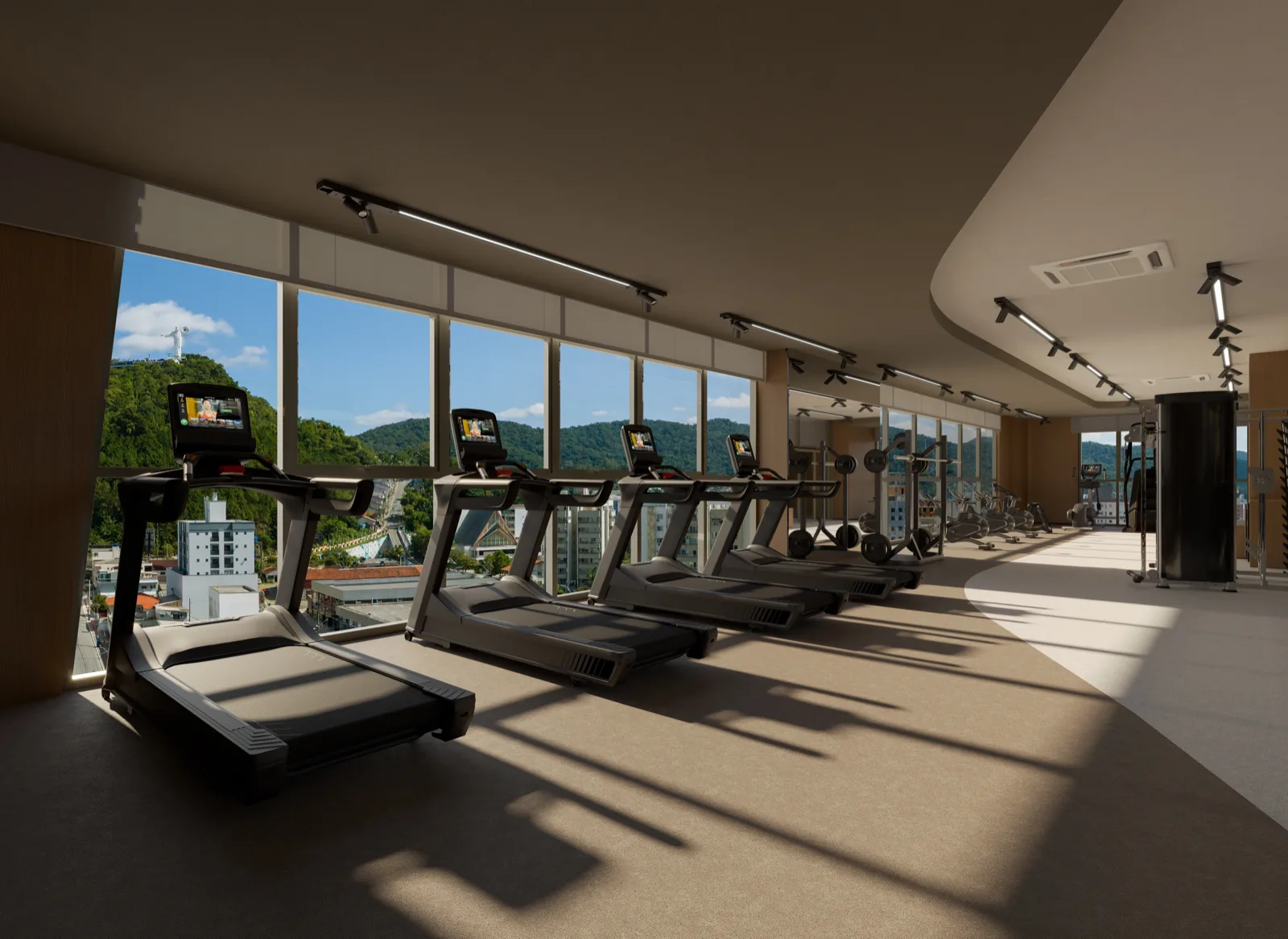 Academia com equipamentos premium e iluminação técnica